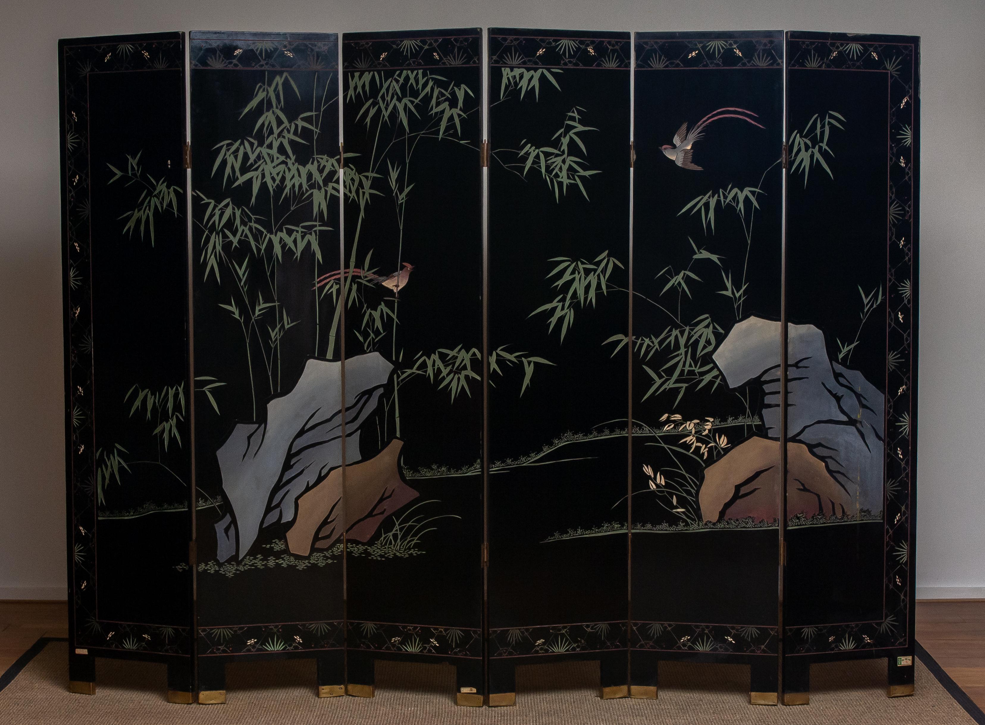 1970s Polychromed Gold Leaf Chinoiserie Double Face Folding Green / Room Divider 3