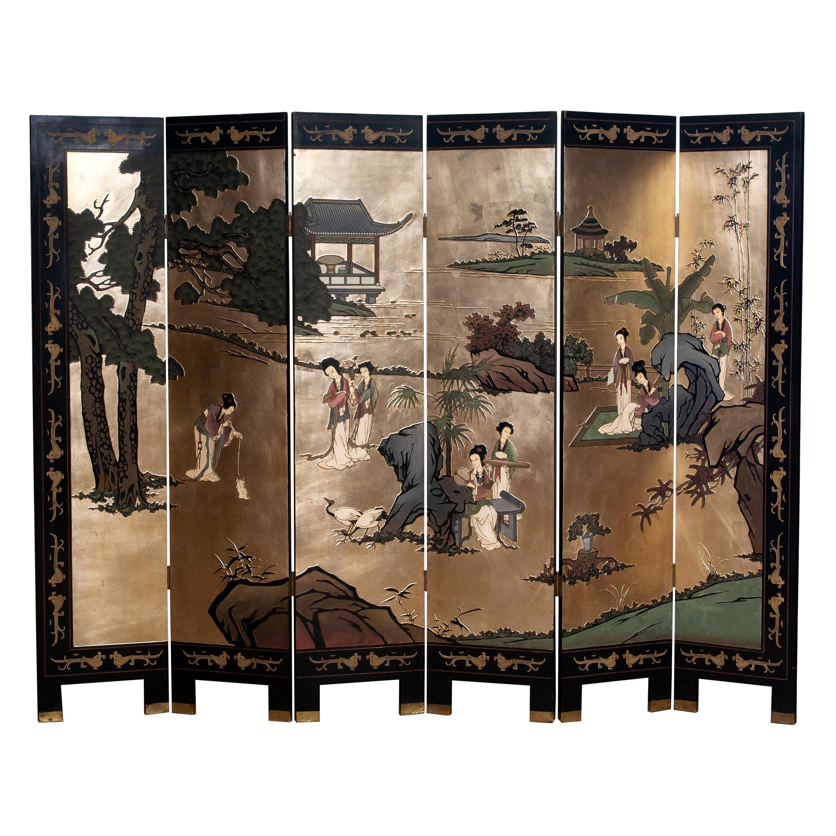 1970s Polychromed Gold Leaf Chinoiserie Double Face Folding Green / Room Divider