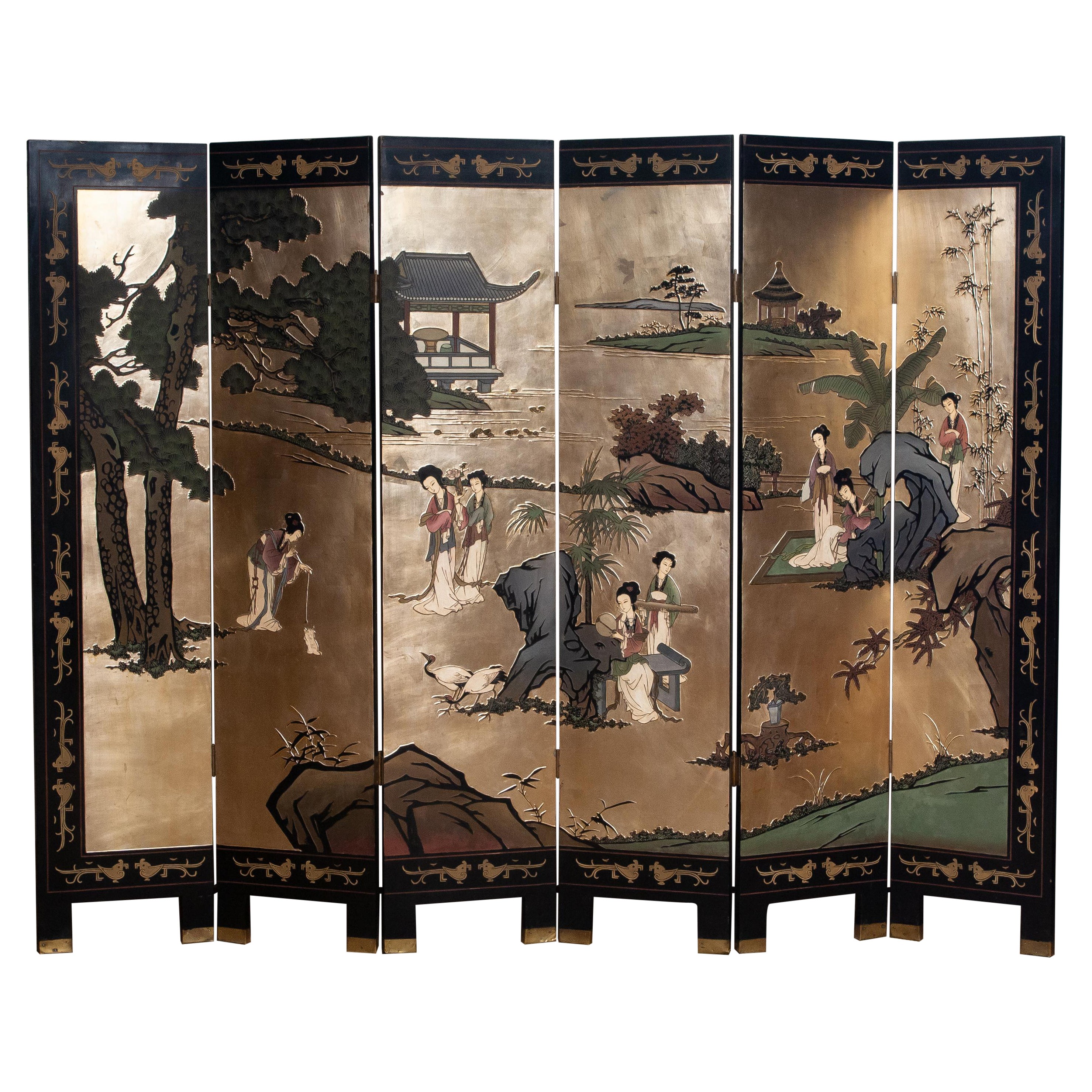 1970s Polychromed Gold Leaf Chinoiserie Double Face Folding Green / Room Divider