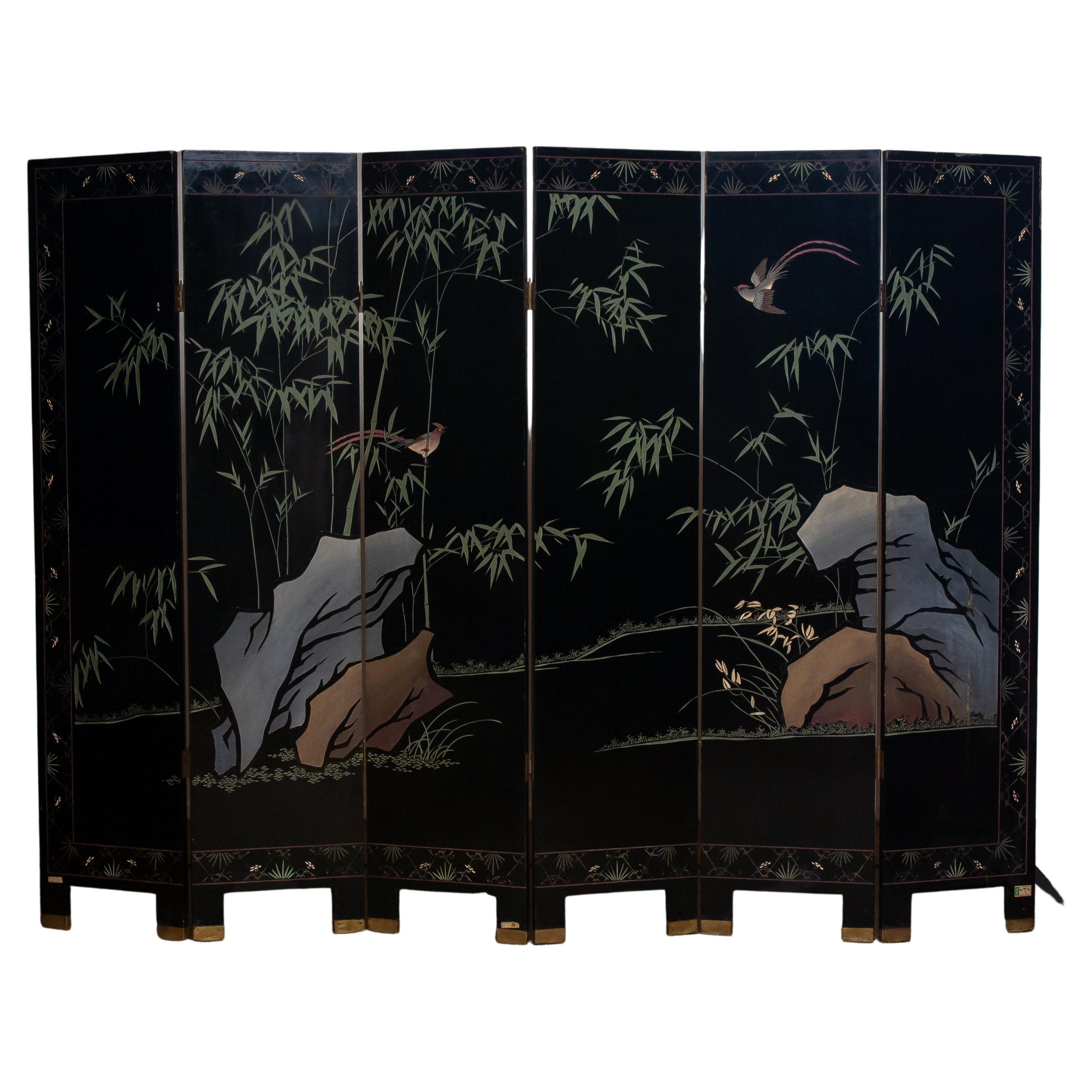 1970s Polychromed Gold Leaf Chinoiserie Double Face Folding Green / Room Divider