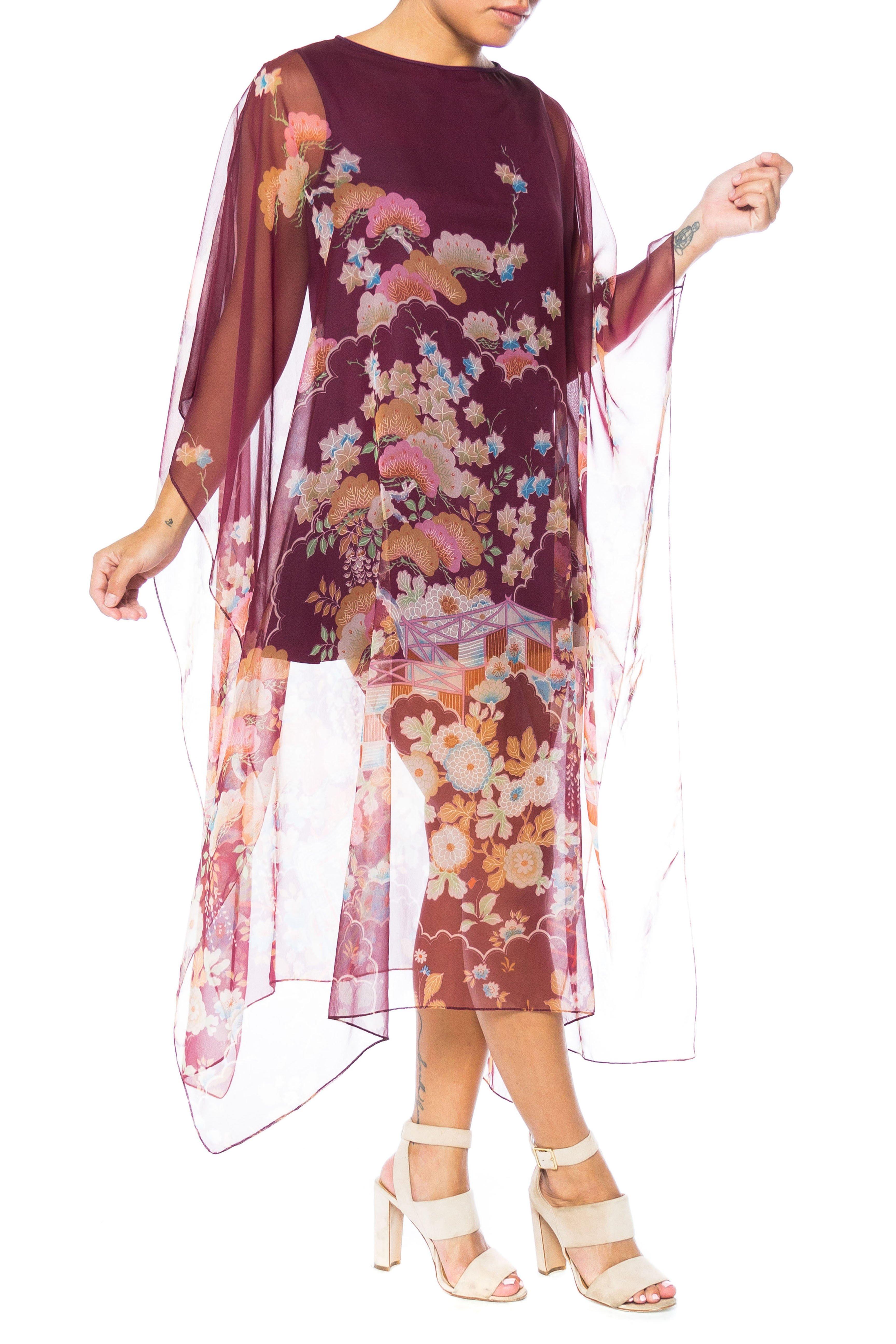 Brown 1970S Polyester Chiffon Sheer Asian Floral Print Kaftan Dress