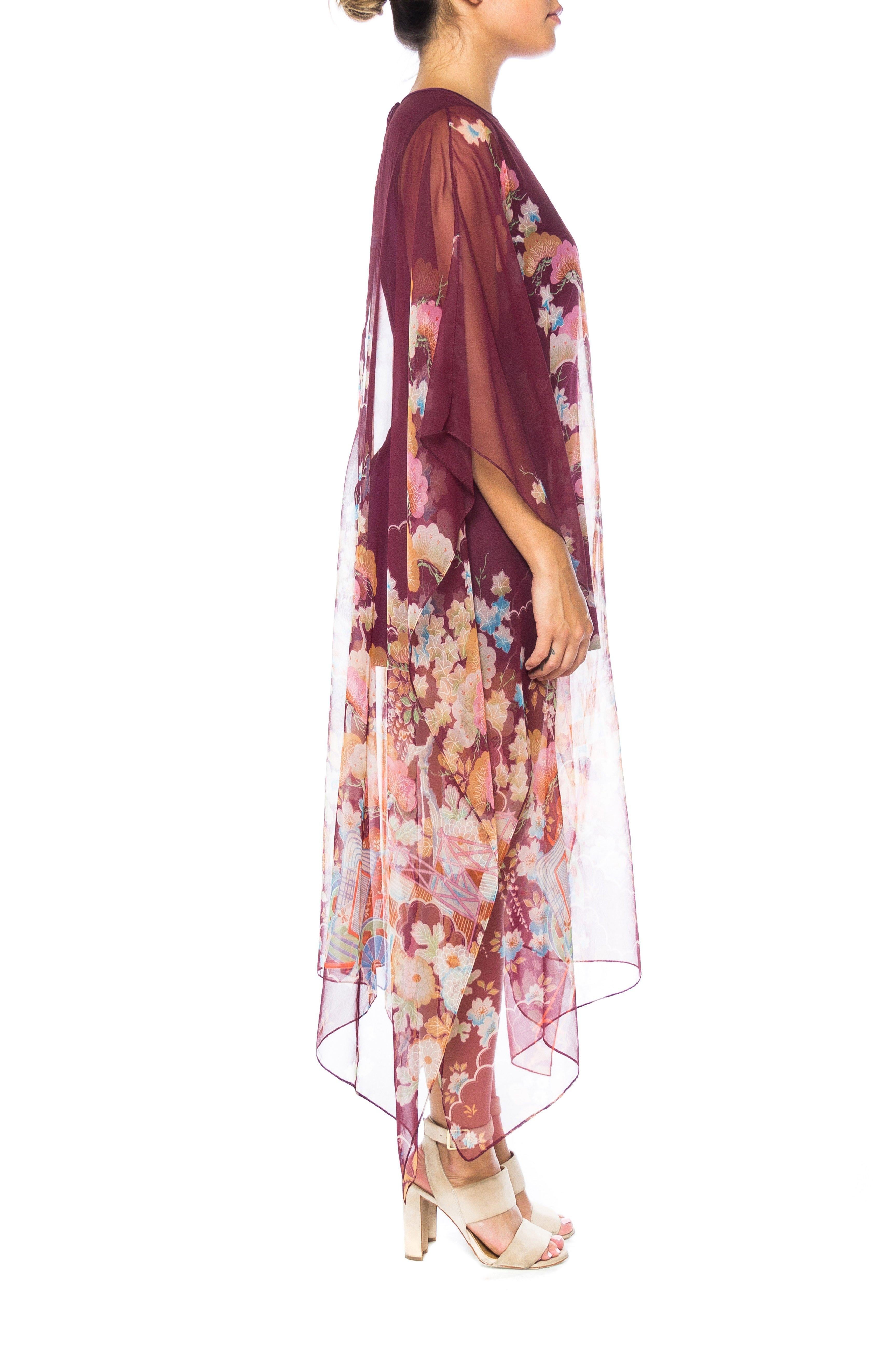 1970S Polyester Chiffon Sheer Asian Floral Print Kaftan Dress In Excellent Condition In New York, NY
