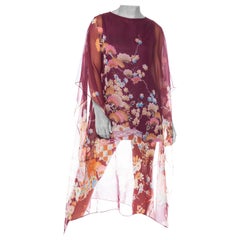 1970S Polyester Chiffon Sheer Asian Floral Print Kaftan Dress