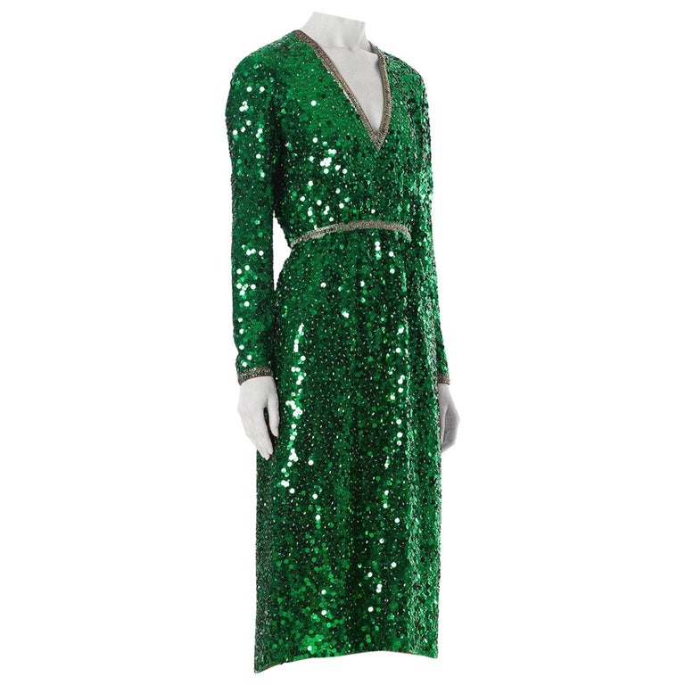 1970S Kelly Green Hand Beaded Polyester Long Sleeve Low Cut Cocktail ...
