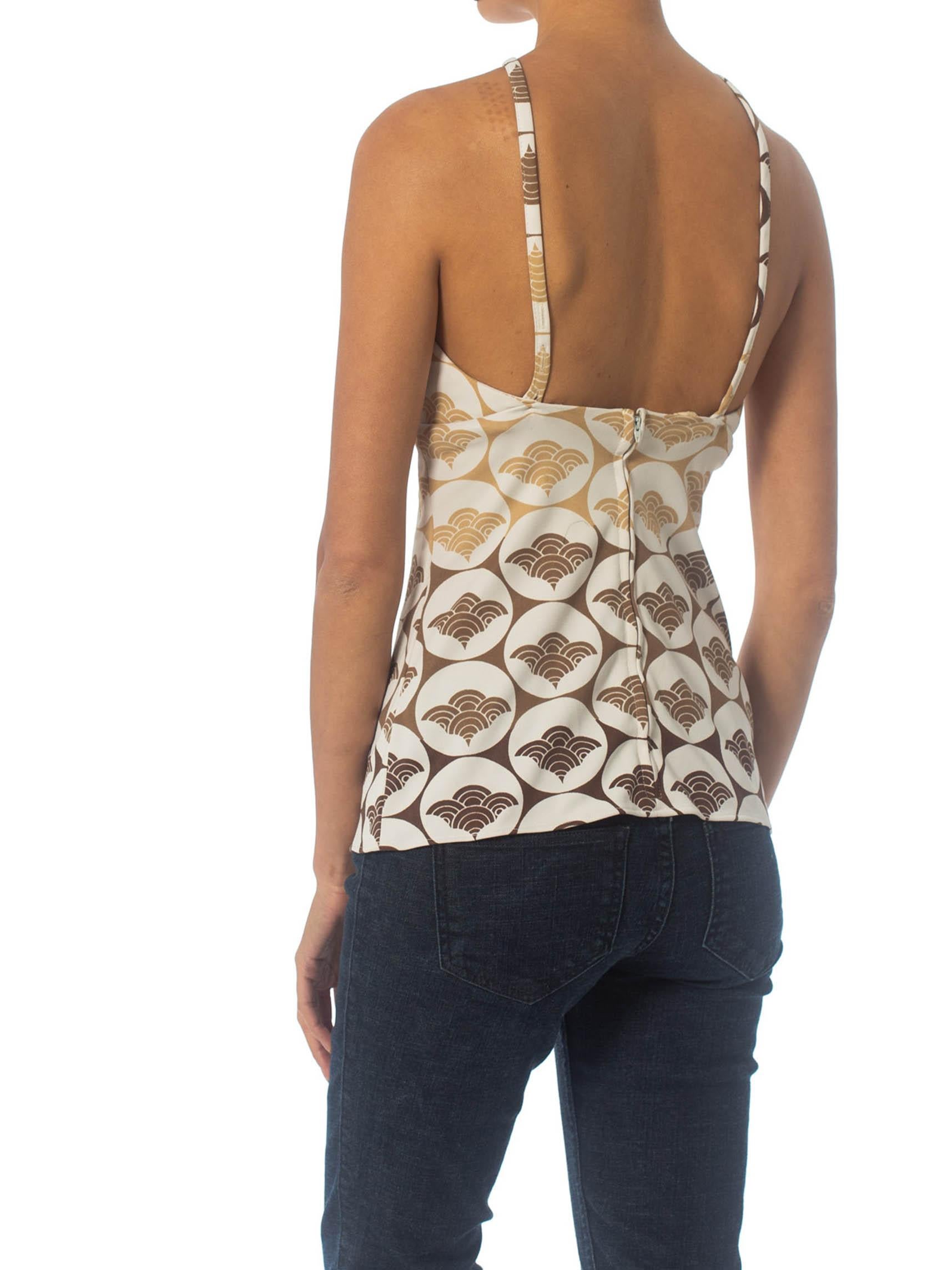 Beige 1970S Polyester Jersey Disco Halter Top With Japanese Crane Print