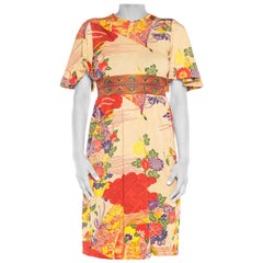 1970S Polyester Jersey Japanese Print Short Sleeve Dress With Elastic Waist