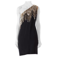 Vintage 1970S  Polyester One Shoulder Dress With Beaded Fringes