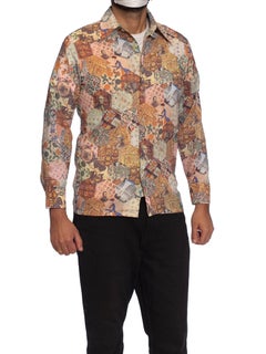 1970S Polyester Patchwork 1700S Americana Printed Men's Shirt