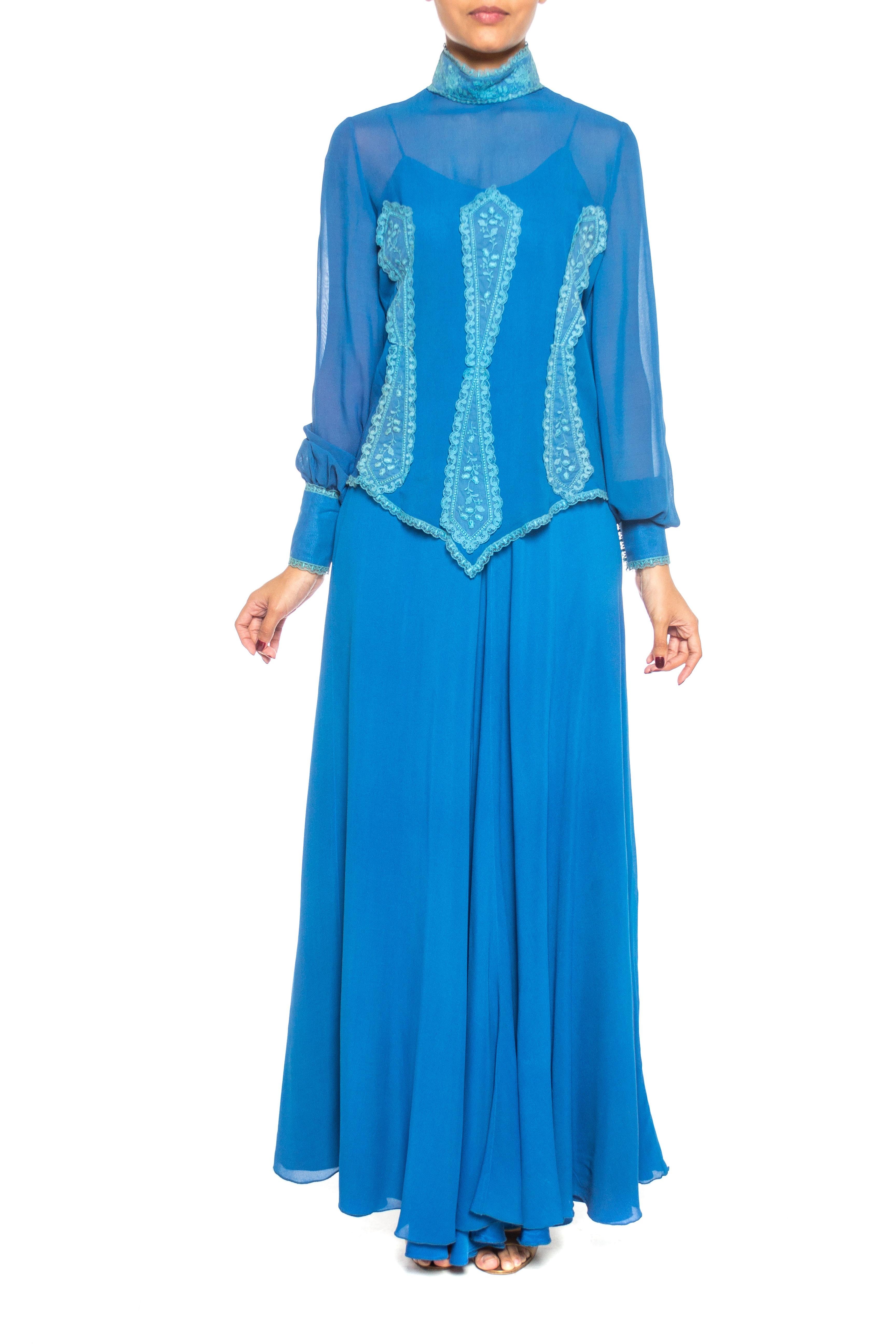 Hand made in Italy 1970S ENZO RUSSO COUTURE Blue Silk Chiffon Victorian Style Dress With Lace Blouse 