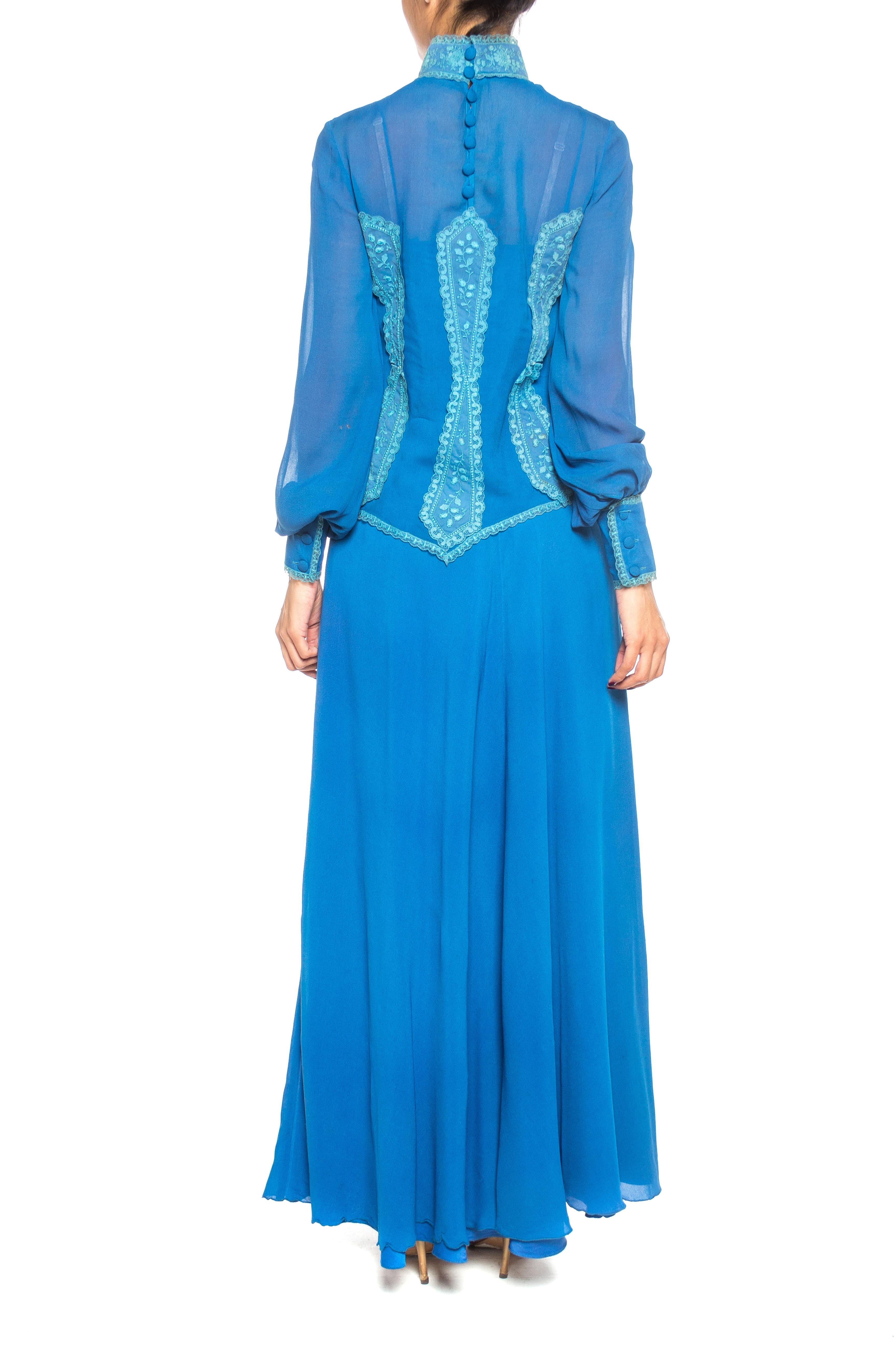 1970S ENZO RUSSO COUTURE Blue Silk Chiffon Victorian Style Dress With Lace Blou In Excellent Condition For Sale In New York, NY