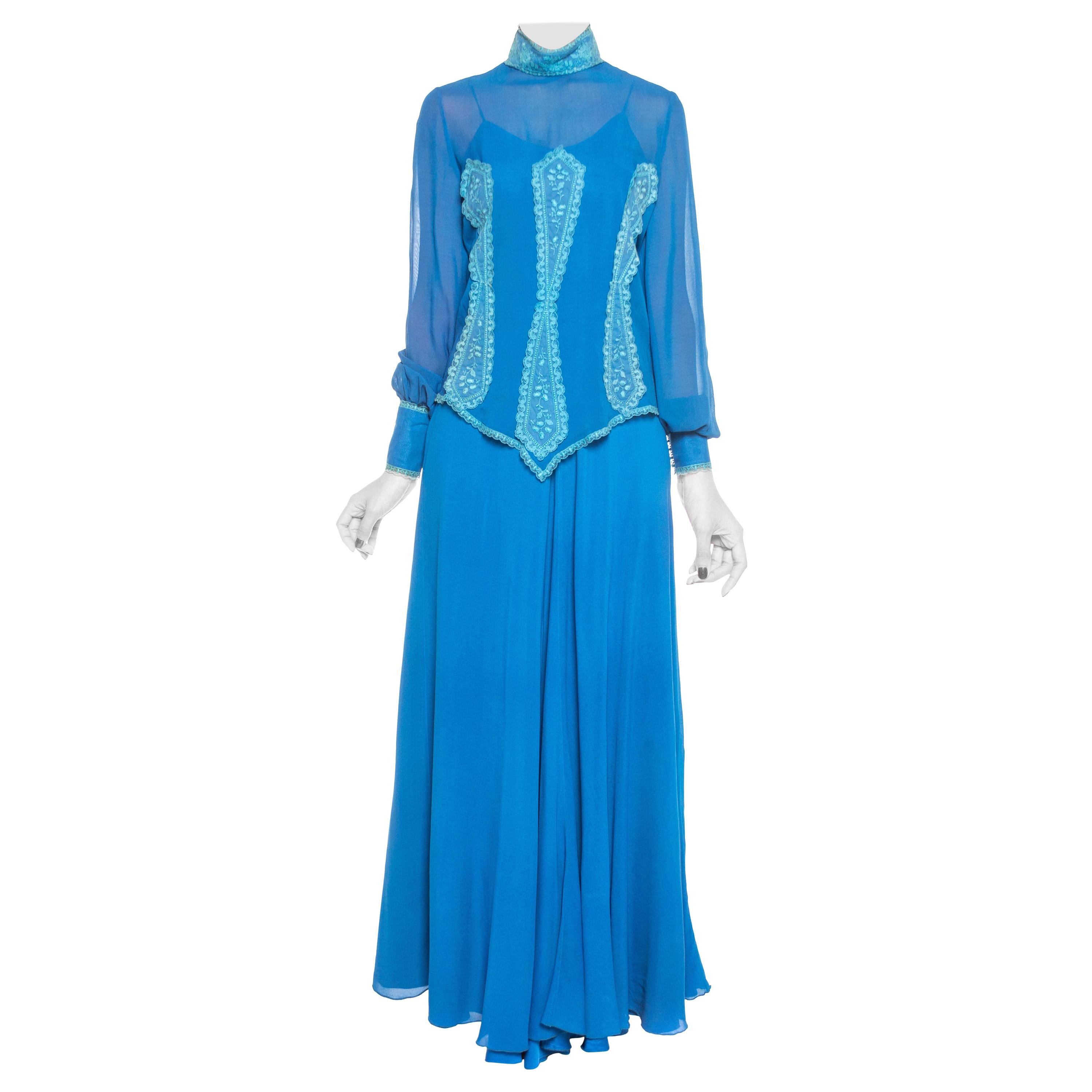 1970S ENZO RUSSO COUTURE Blue Silk Chiffon Victorian Style Dress With Lace Blou For Sale