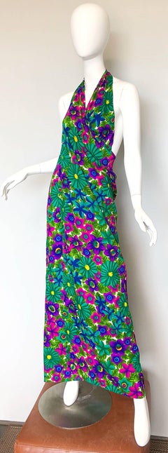 1970s Pomare Hawaiian Vintage Colorful Tropical Print Halter Wrap 70s Maxi Dress