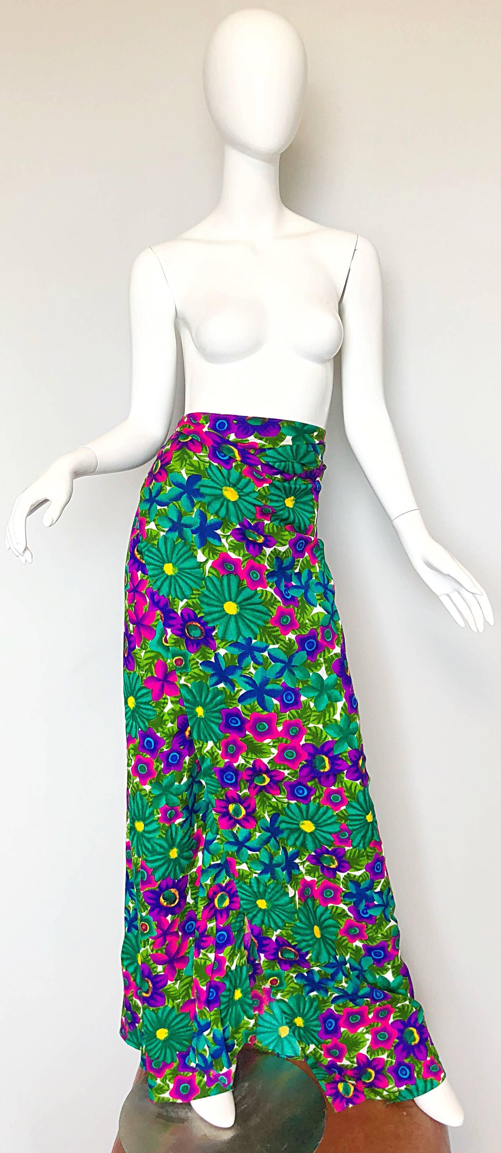 Blue 1970s Pomare Hawaiian Vintage Colorful Tropical Print Halter Wrap 70s Maxi Dress For Sale
