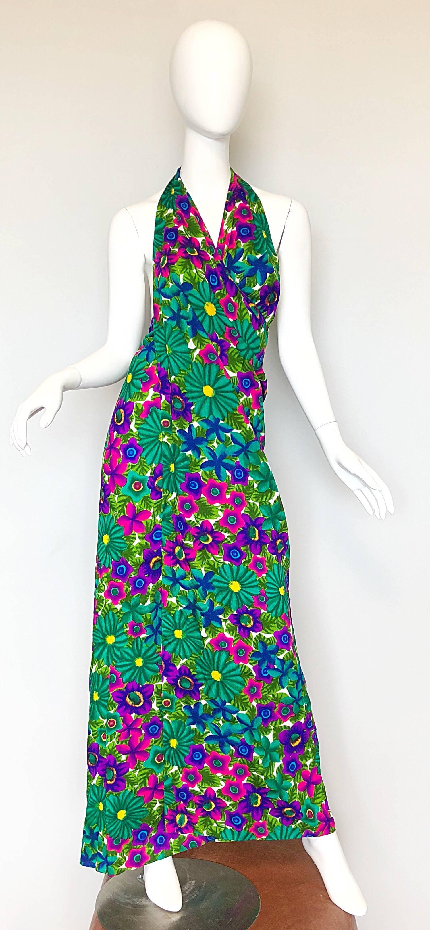1970s Pomare Hawaiian Vintage Colorful Tropical Print Halter Wrap 70s Maxi Dress For Sale 1