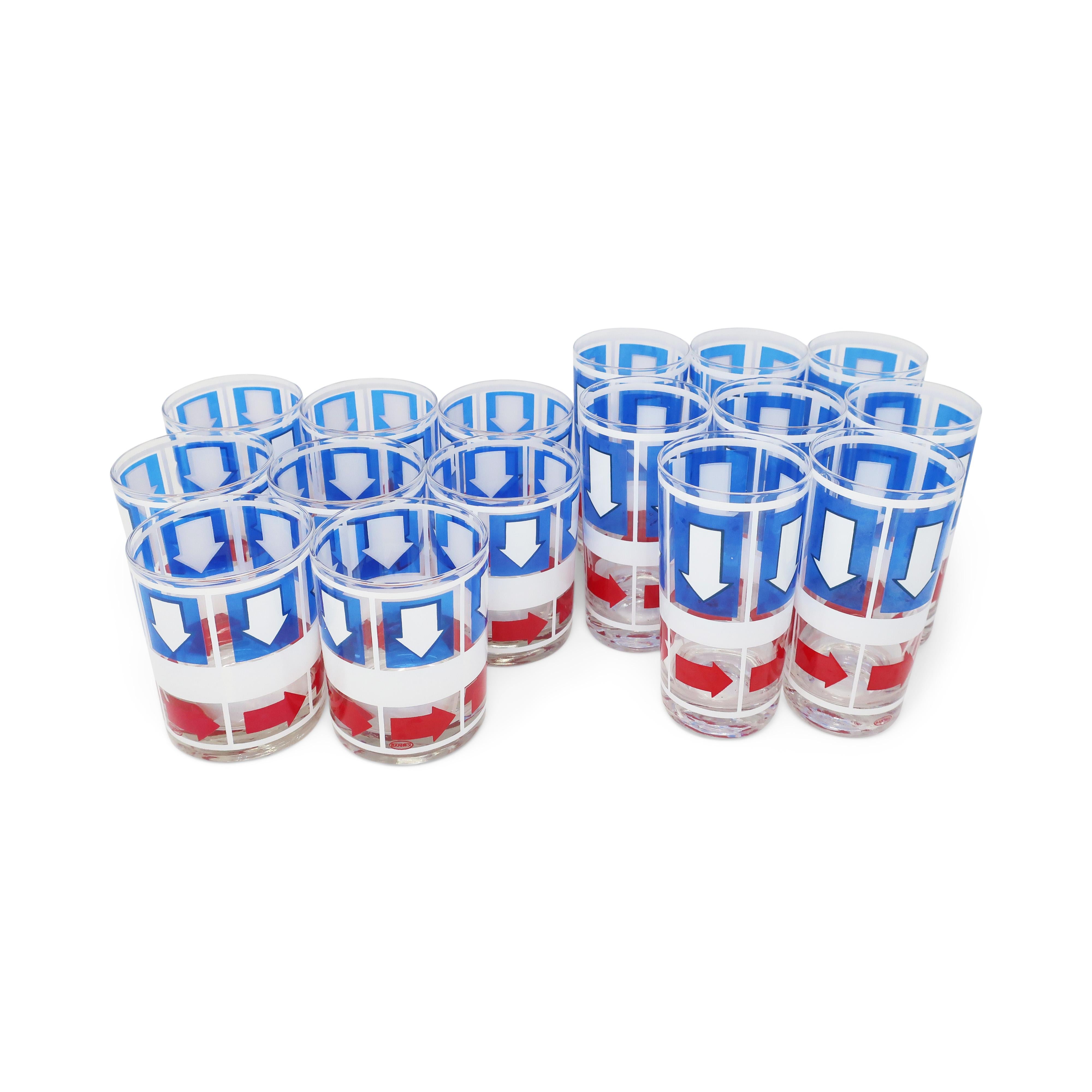 1970s, Pop Art Red White & Blue Arrow Glasses by Bartrix/Cera Glass, Set of 16 In Good Condition In Brooklyn, NY
