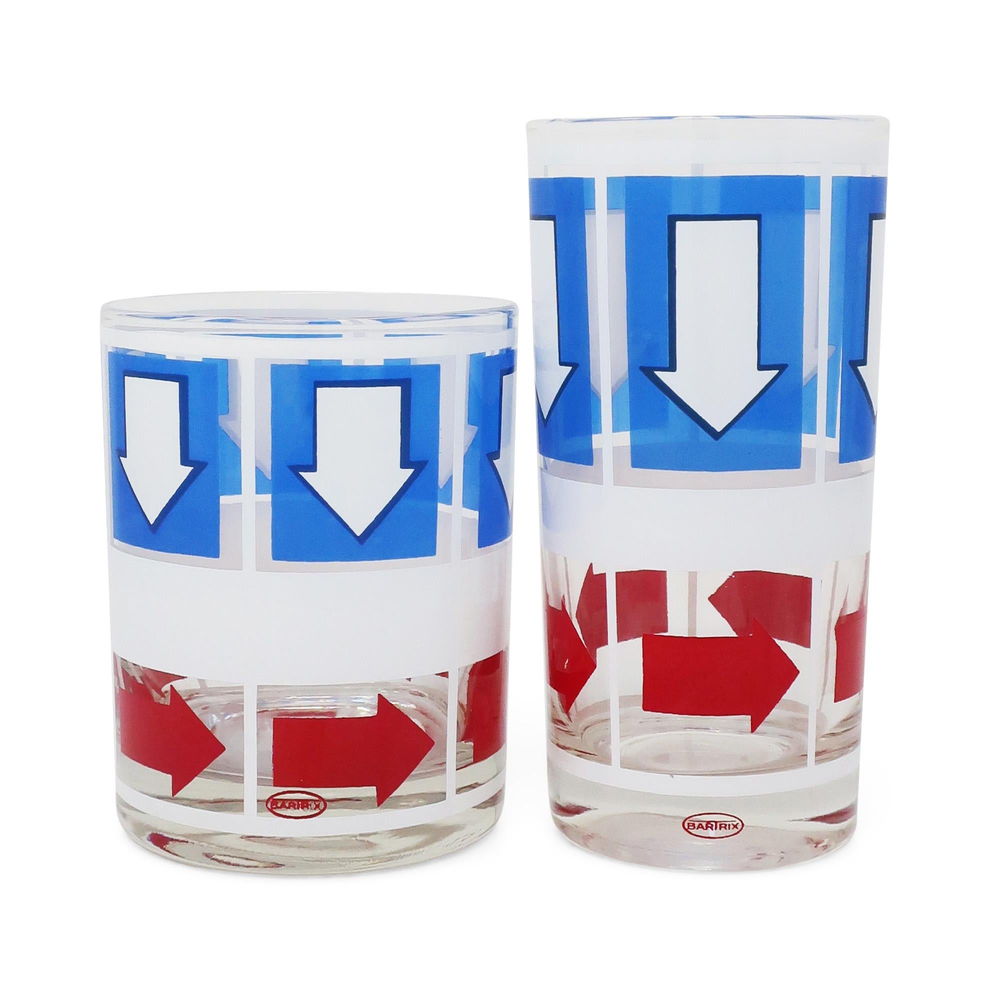 20th Century 1970s, Pop Art Red White & Blue Arrow Glasses by Bartrix/Cera Glass, Set of 16