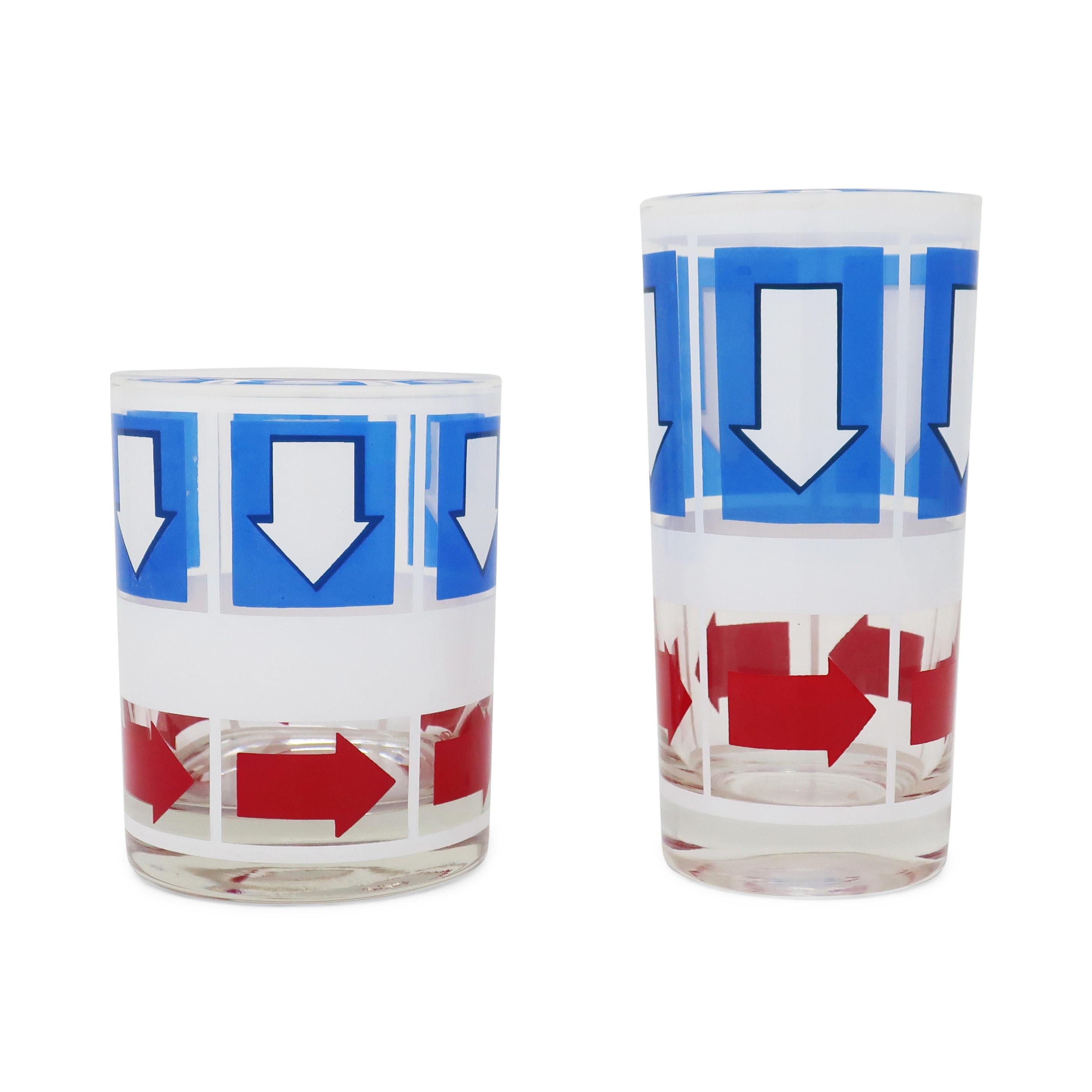 1970s, Pop Art Red White & Blue Arrow Glasses by Bartrix/Cera Glass, Set of 16 1