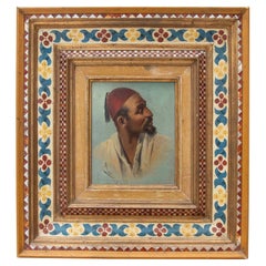 1970s Portrait of a Man with a Fez Framed with Floral Motifs and Inlays
