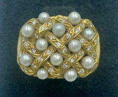 1970s Portuguese 19 karat gold, pearl and diamond cocktail ring