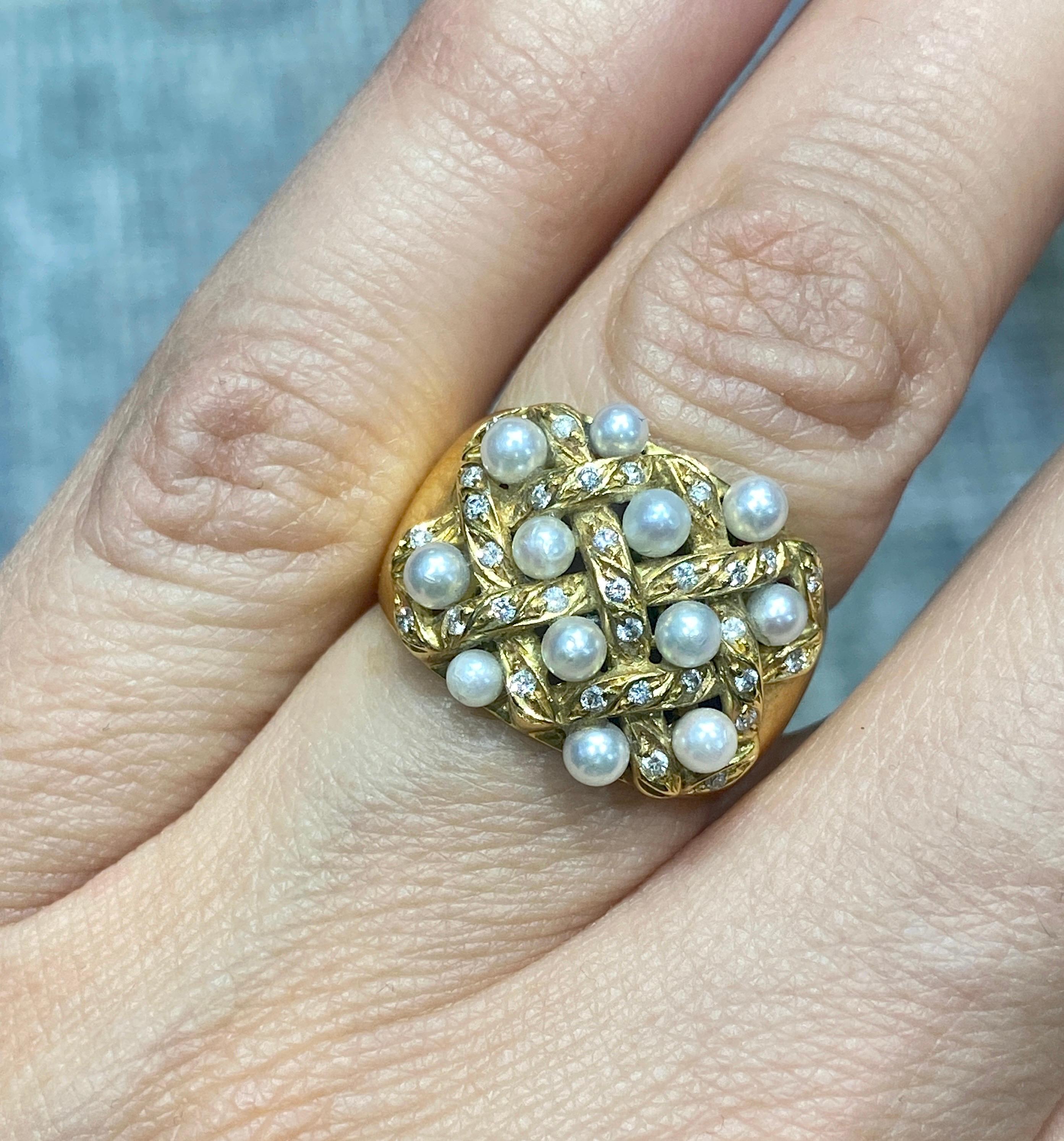 Contemporary 1970s Portuguese 19 karat gold, pearl and diamond cocktail ring For Sale