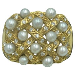 Vintage 1970s Portuguese 19 karat gold, pearl and diamond cocktail ring