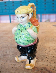 1970s Portuguese Man Figure Hand Painted "Botijo" Earthenware Water Jug