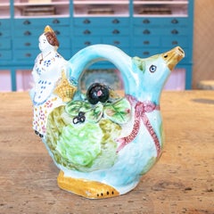 1970s Portuguese Woman and Duck Figure Painted "Botijo" Earthenware Water Jug