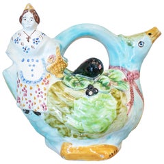 Retro 1970s Portuguese Woman and Duck Figure Painted "Botijo" Earthenware Water Jug