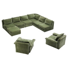 1970s Post-Modern Large Sectional Sofa in Green Velvet