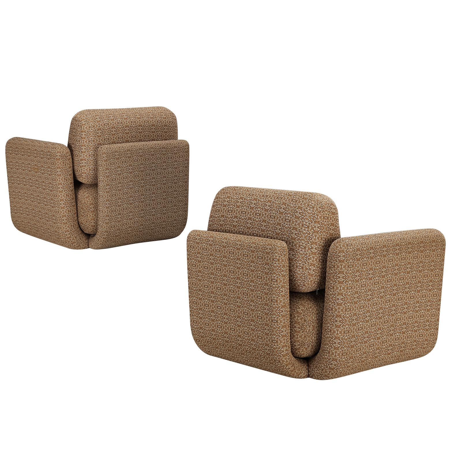 1970s Post-Modern Lounge Chairs in Beige Patterned Fabric