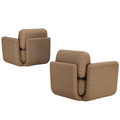 Postmoderne Loungesessel der 1970er Jahre aus beigefarbenem, gemustertem Stoff
