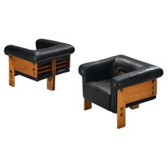 1970s Post-Modern Lounge Chairs with Geometric Frames in Walnut and Leather