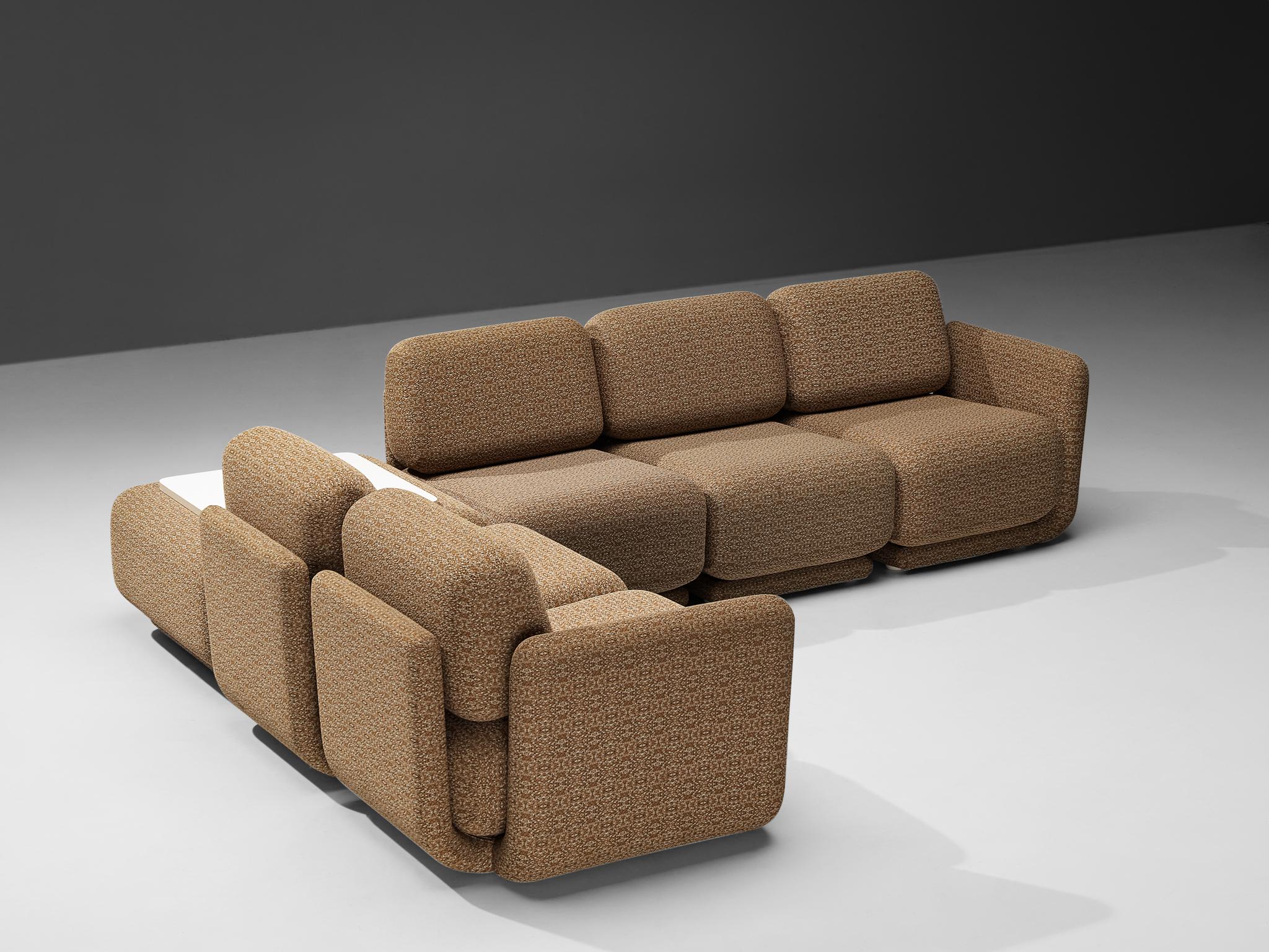 Belgian 1970s Post-Modern Sectional Sofa with Side Table in Beige Patterned Fabric For Sale