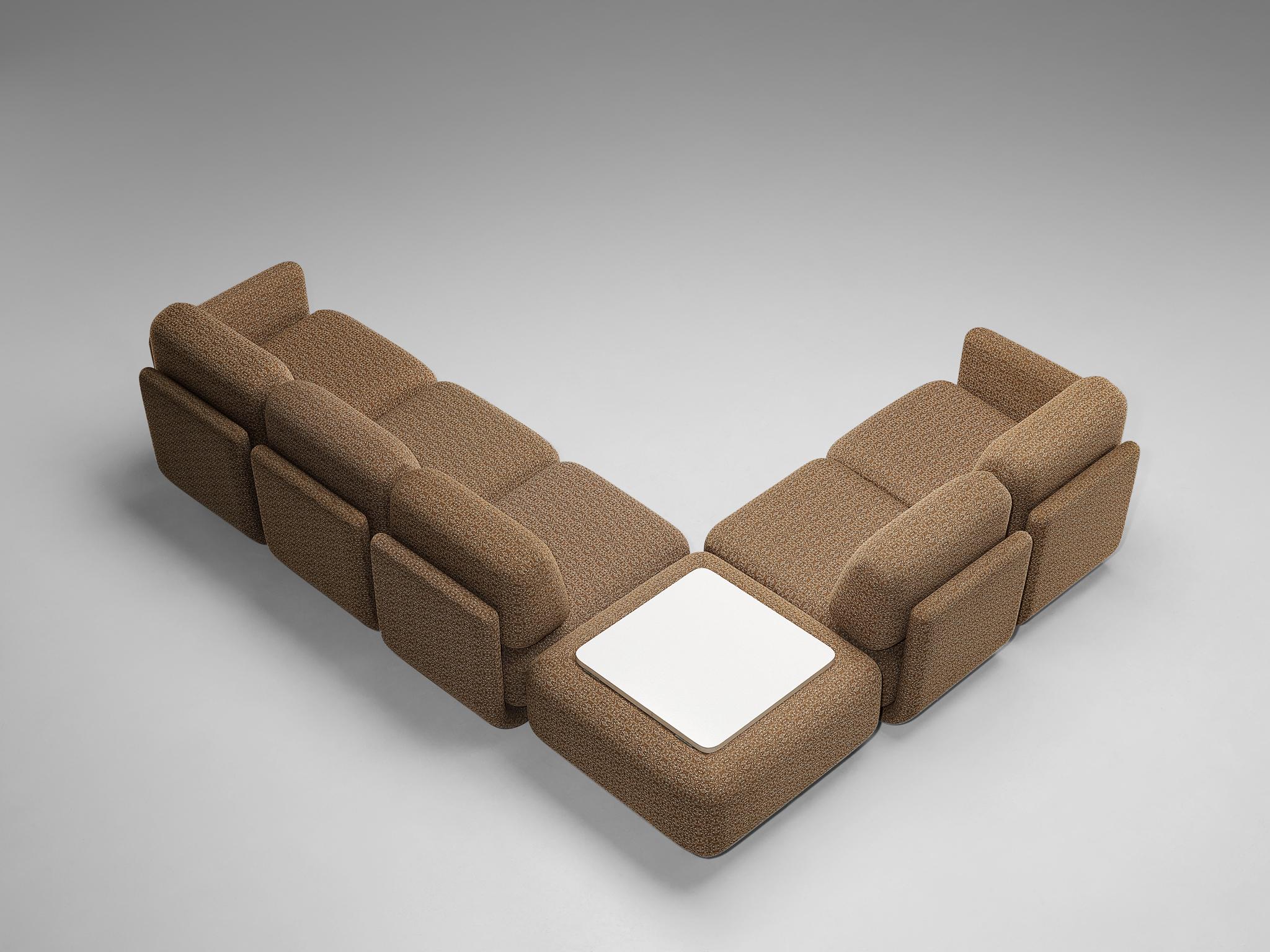 Late 20th Century 1970s Post-Modern Sectional Sofa with Side Table in Beige Patterned Fabric For Sale