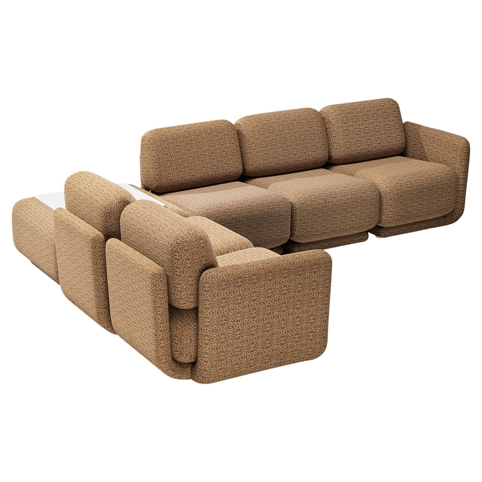 1970s Post-Modern Sectional Sofa with Side Table in Beige Patterned Fabric