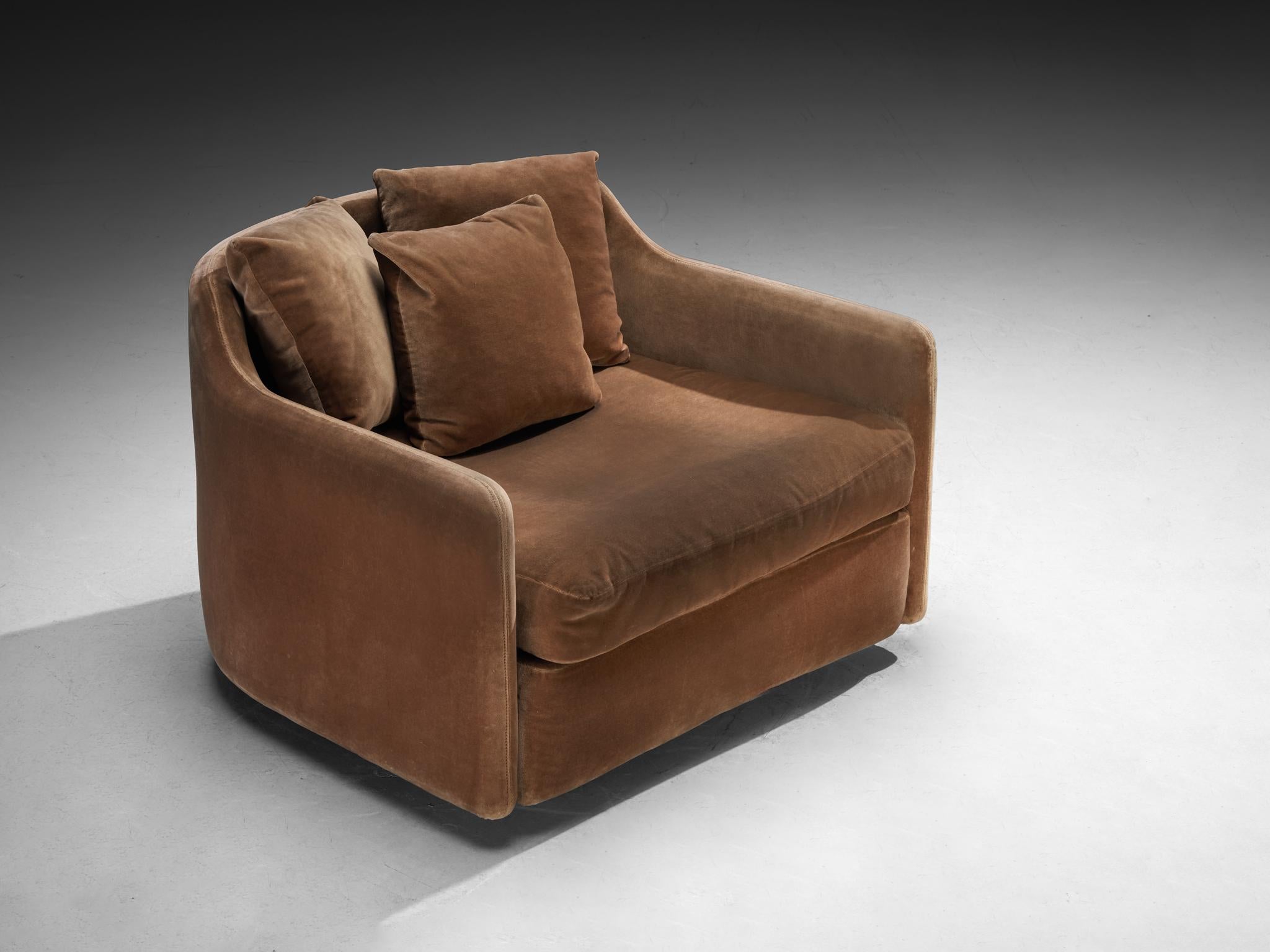 1970s Post-Modern Streamlined Lounge Chair in Brown Velvet 1