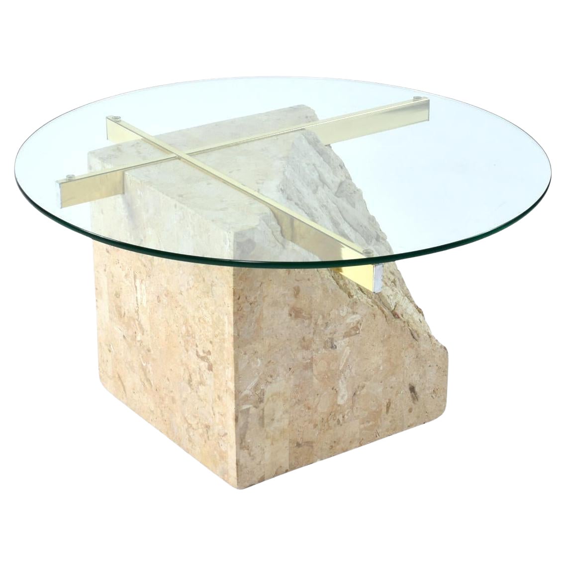 1970s Post-Modern Tessellated Stone Side Table with Glass Top