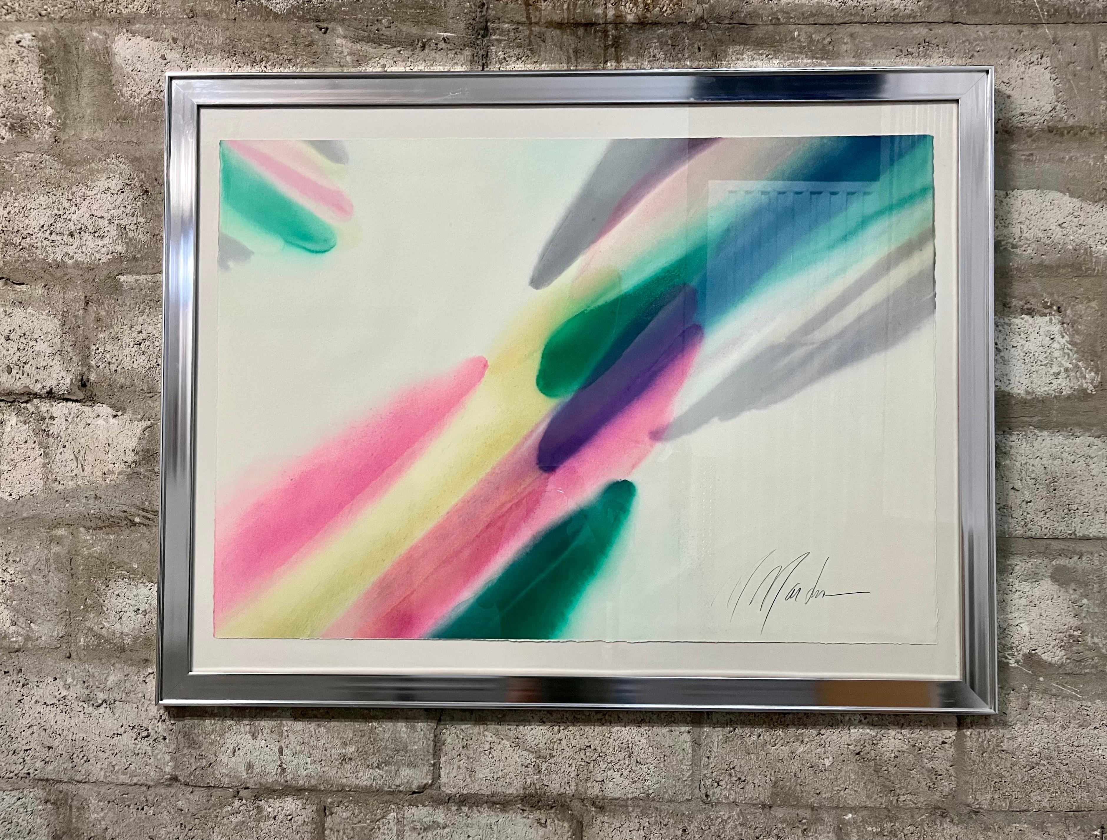 Peinture postmoderne abstraite à grande échelle, encadrée, aux couleurs délavées, dans le style d'Helen Frankenthaler. Vers les années 70. 
Signée en bas à droite au crayon par l'artiste (Probablement M. Martin)
Encadré sous verre dans un cadre