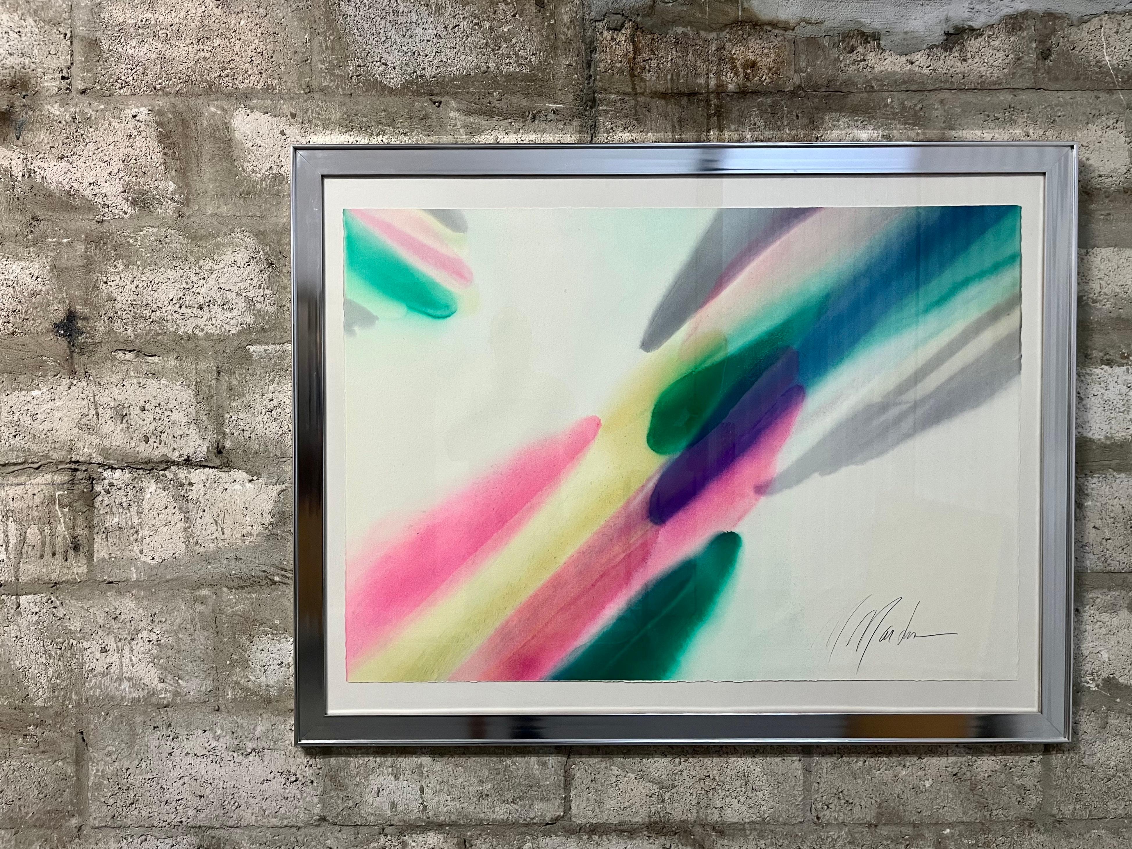 1970s Postmodern Abstract Washed Colors Framed Painting Signed by the Artist  In Good Condition For Sale In Miami, FL
