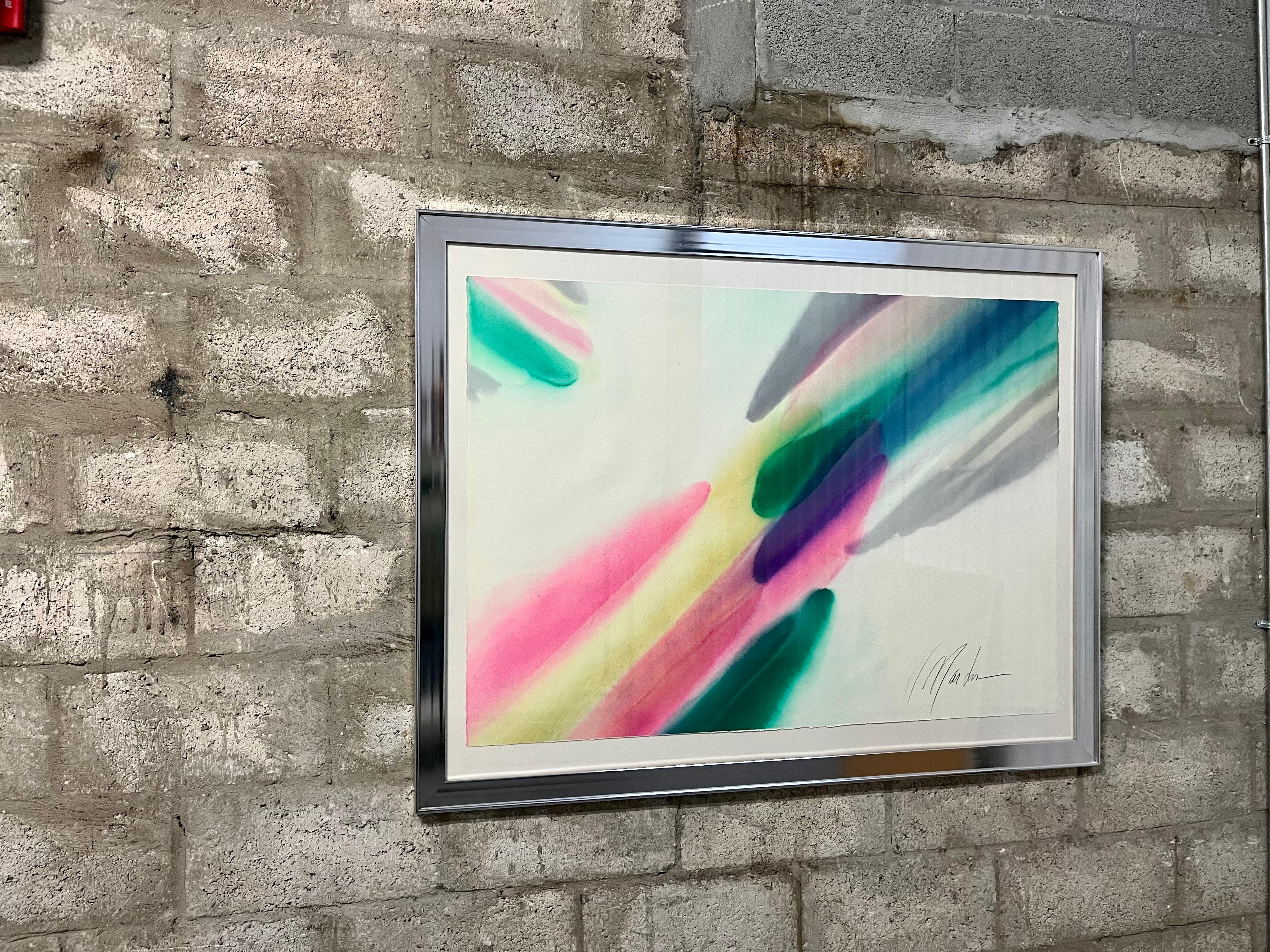 Chrome 1970s Postmodern Abstract Washed Colors Framed Painting Signed by the Artist For Sale