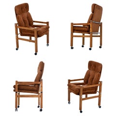 1970s PostModern Brown High-Back Dining Chairs with Arms on Casters