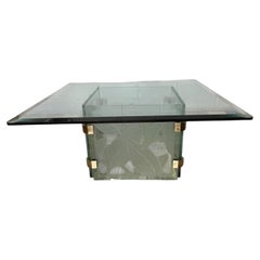 1970's Postmodern Etched Glass & Brass Coffee Table, Sculptural Botanical Base