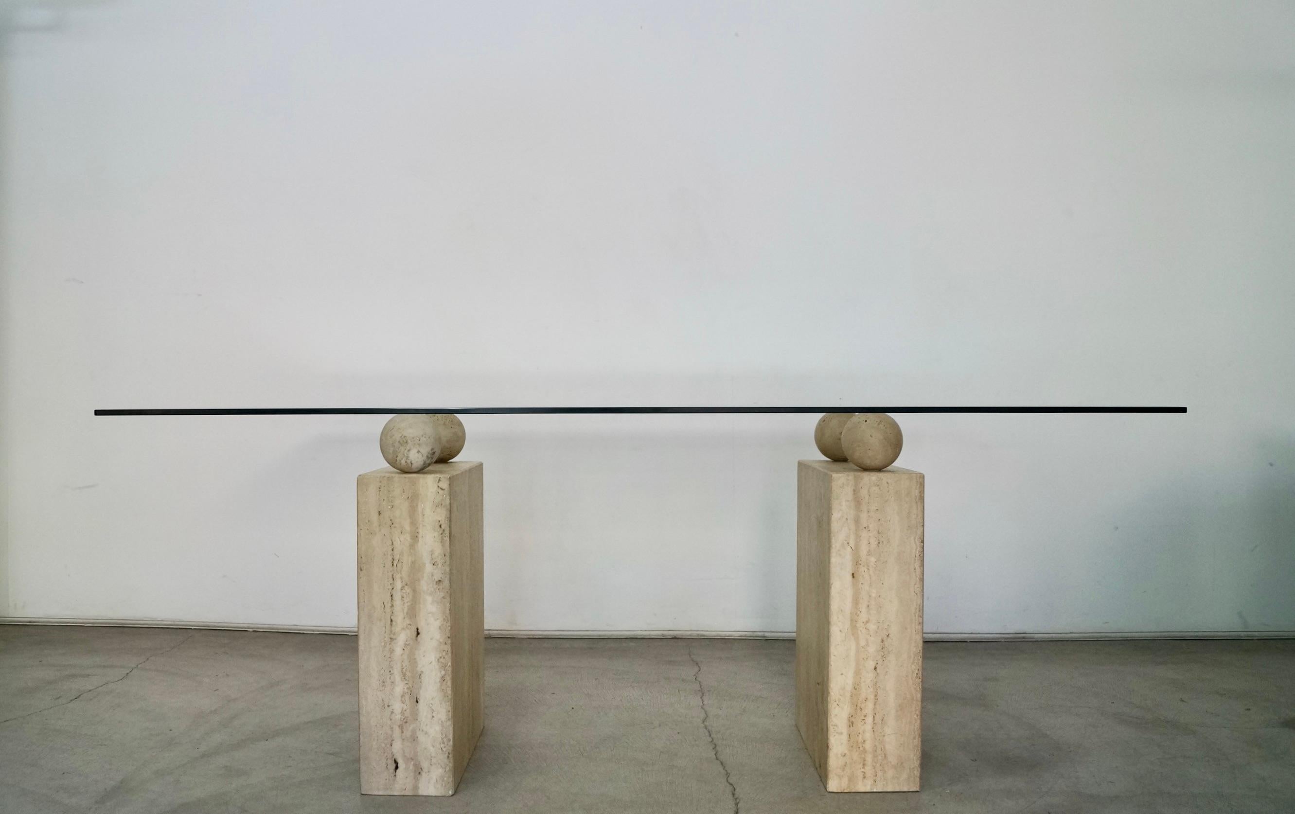 Post-Modern 1970's Postmodern Italian Travertine Double Pedestal & Glass Dining Table