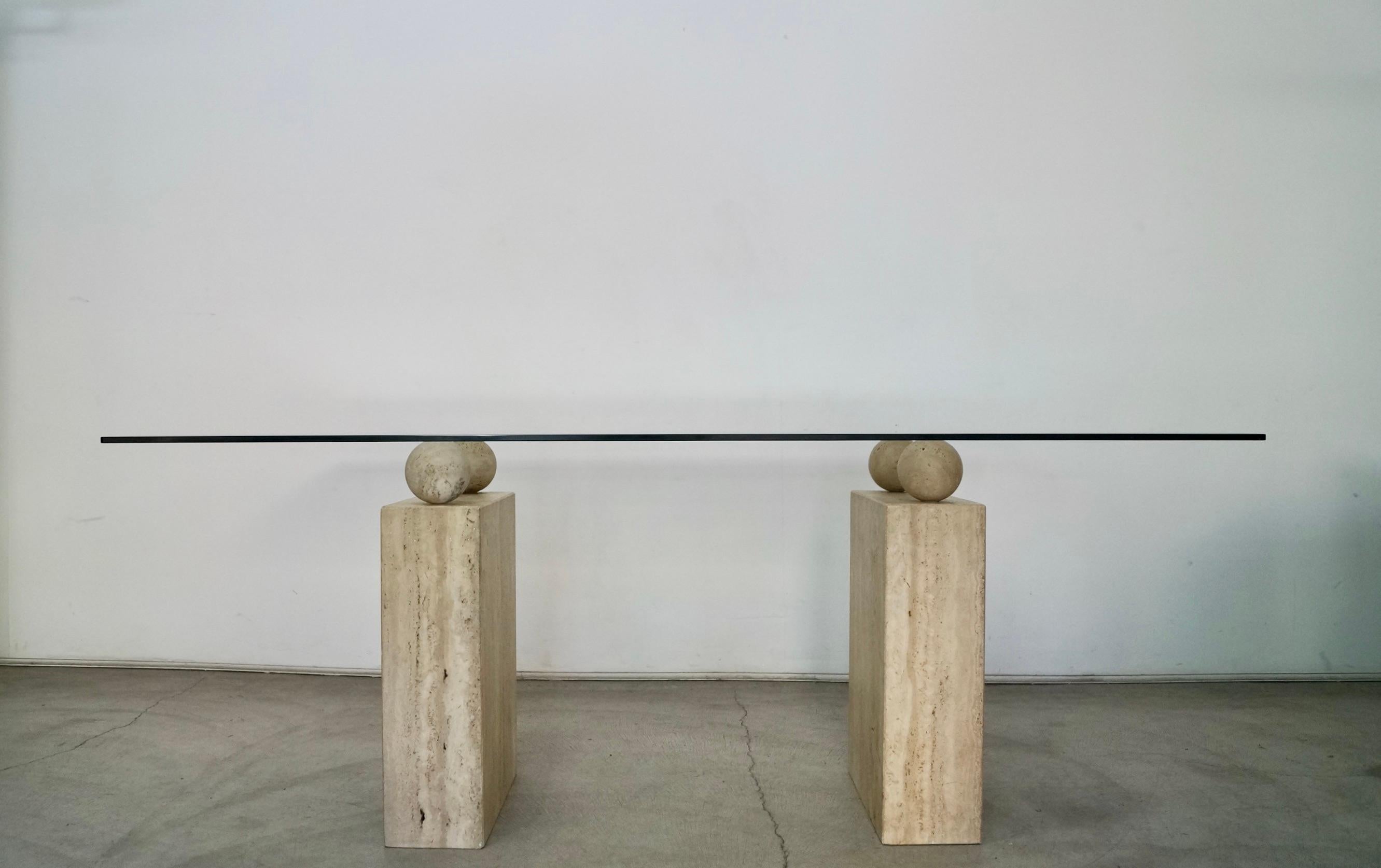 Post-Modern 1970's Postmodern Italian Travertine Double Pedestal & Glass Dining Table