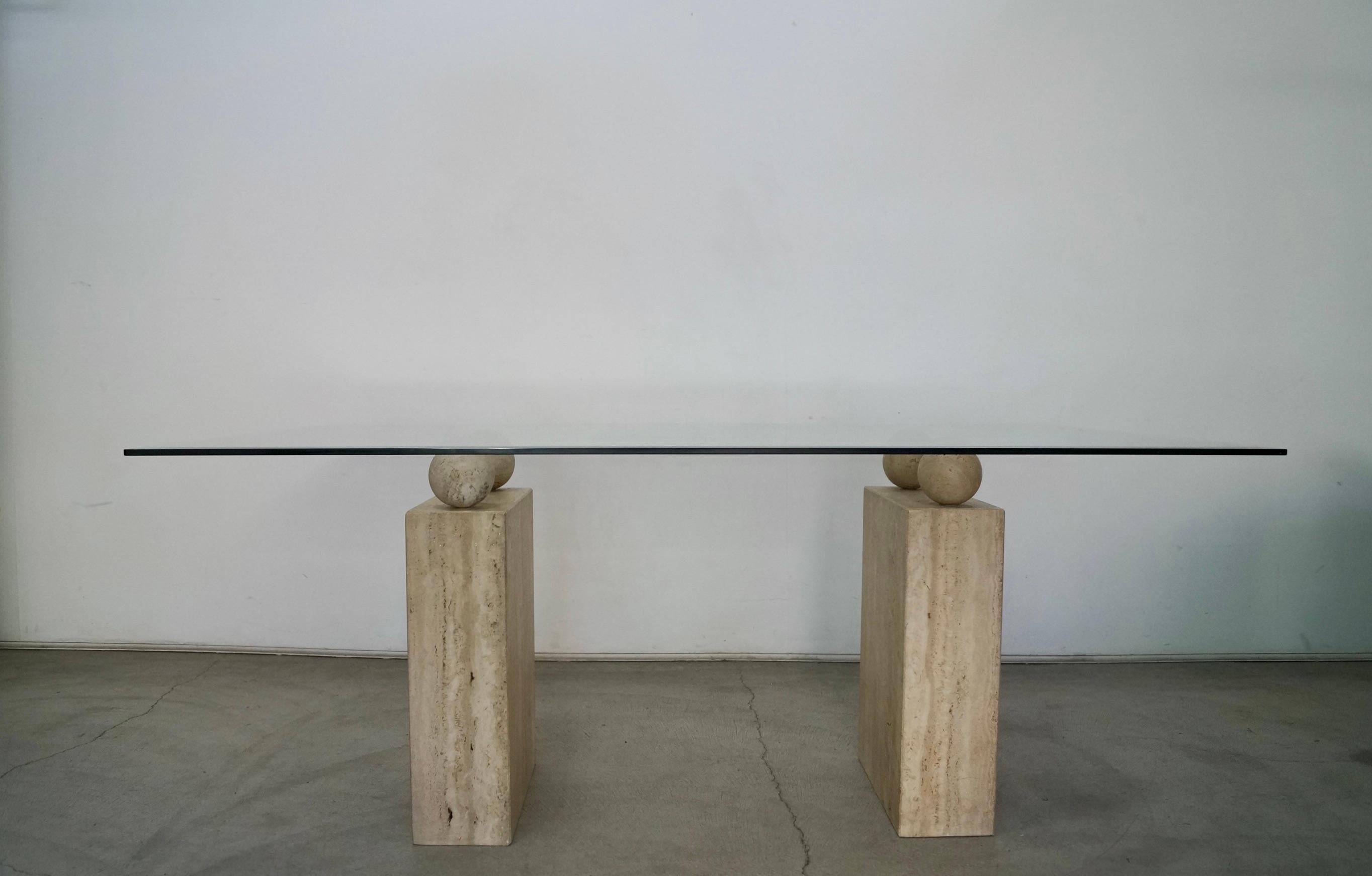 Late 20th Century 1970's Postmodern Italian Travertine Double Pedestal & Glass Dining Table