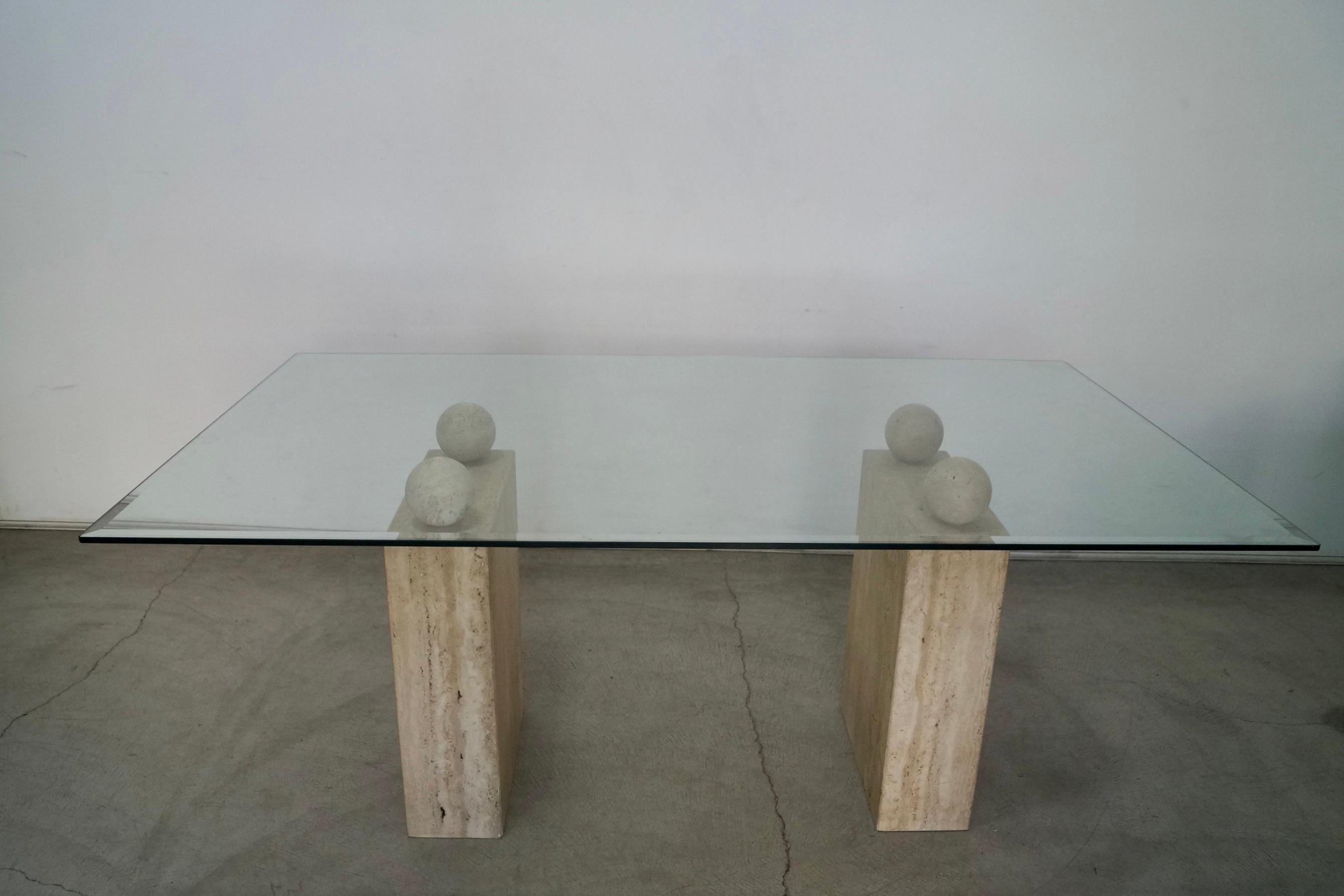 1970's Postmodern Italian Travertine Double Pedestal & Glass Dining Table 1