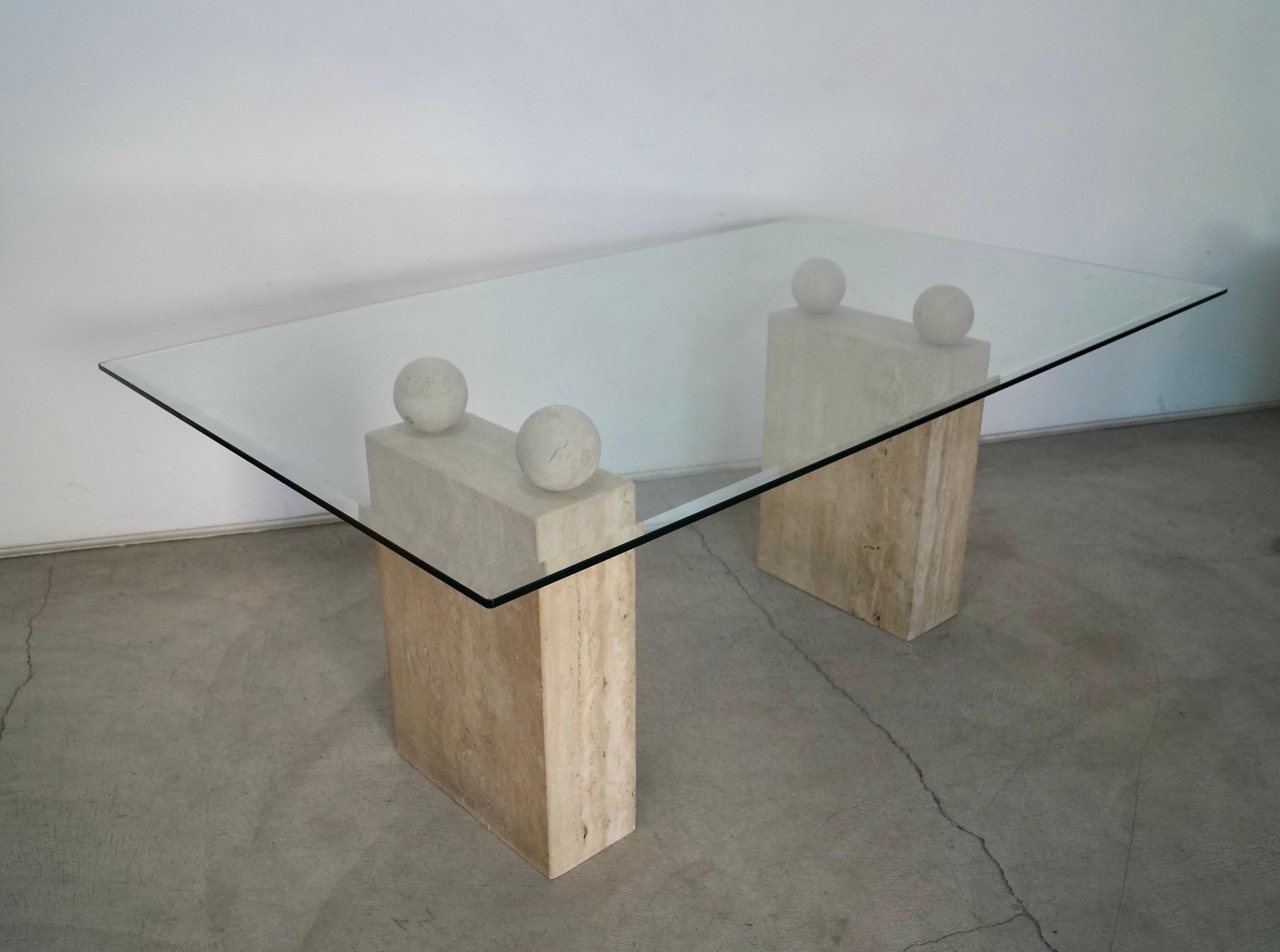 1970's Postmodern Italian Travertine Double Pedestal & Glass Dining Table 2