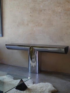 Mesa consola postmoderna de los años 70 J. Wade Beam para Brueton en acero inoxidable