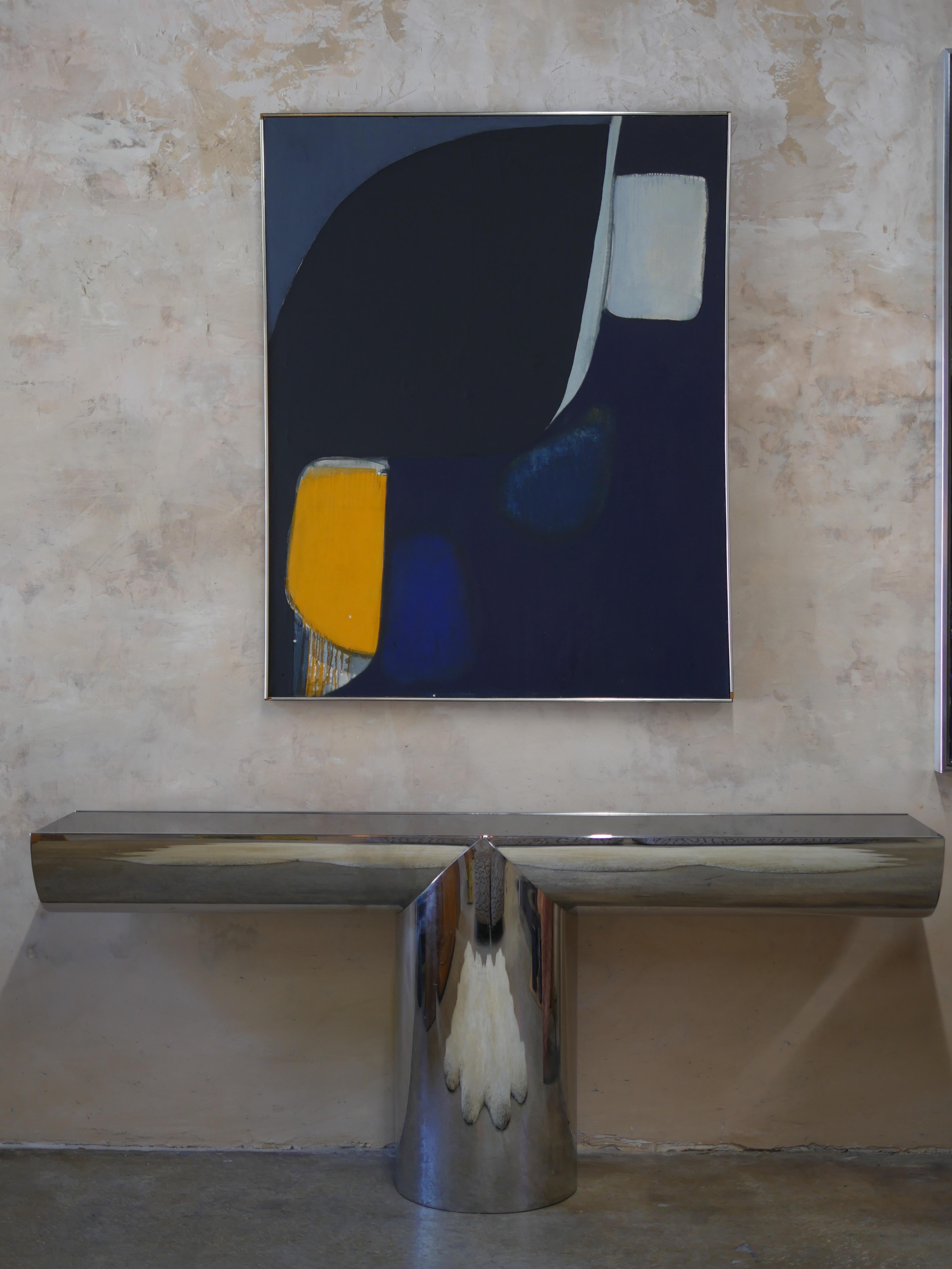 Mesa consola postmoderna de los años 70 J. Wade Beam para Brueton en acero inoxidable Posmoderno en venta