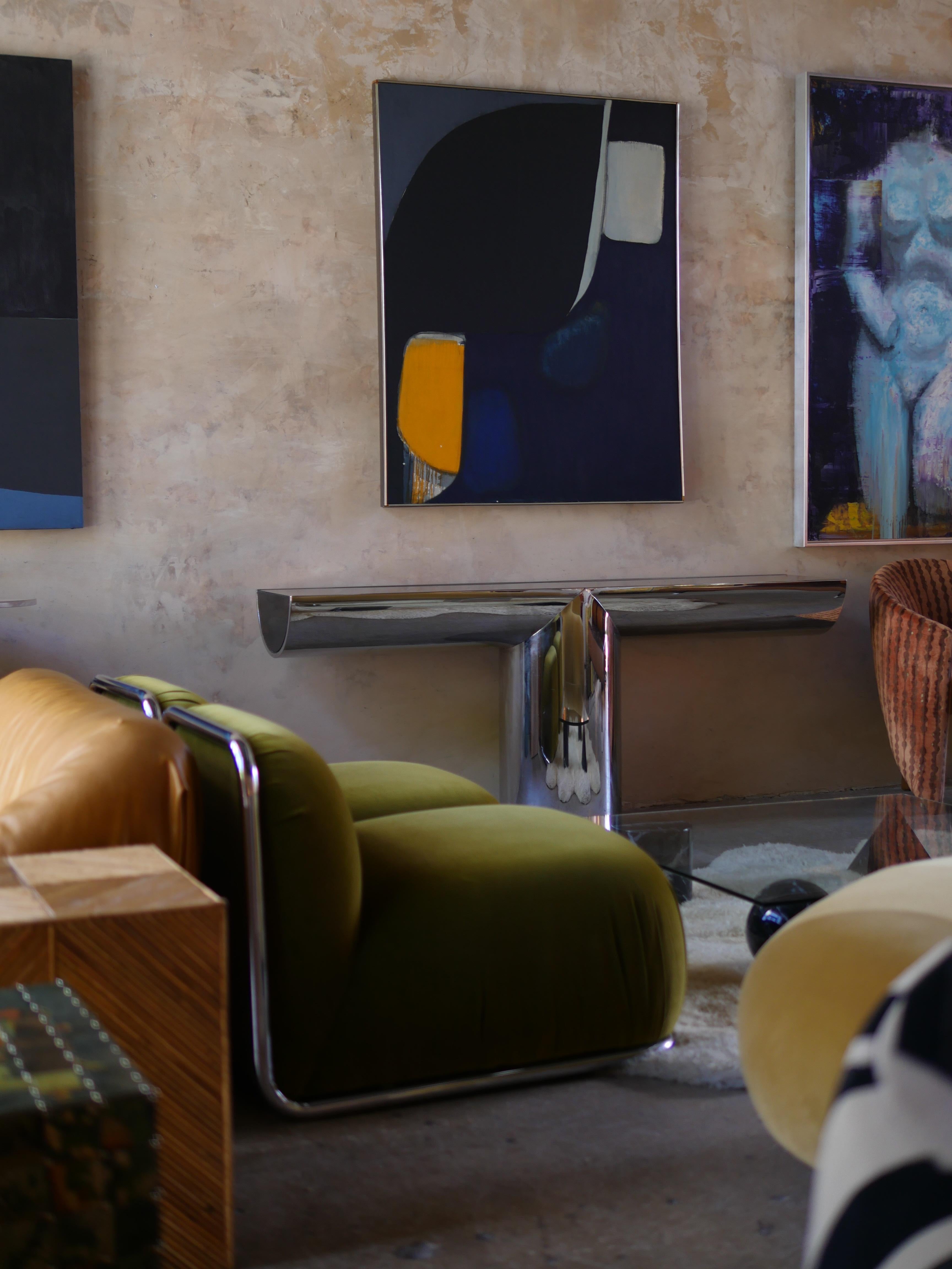 Mesa consola postmoderna de los años 70 J. Wade Beam para Brueton en acero inoxidable Estadounidense en venta